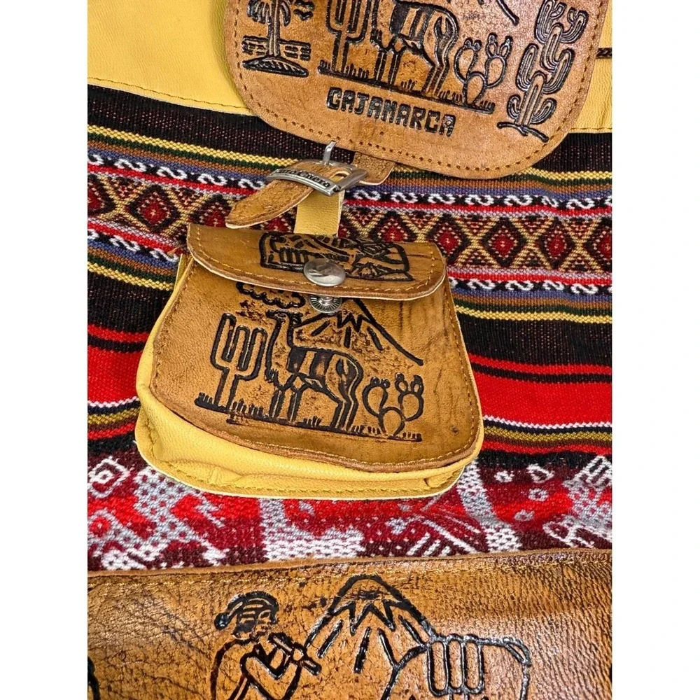 Cajamarca Peru Leather Woven Backpack Andean Llama Embossed Boho Rucksack Bag